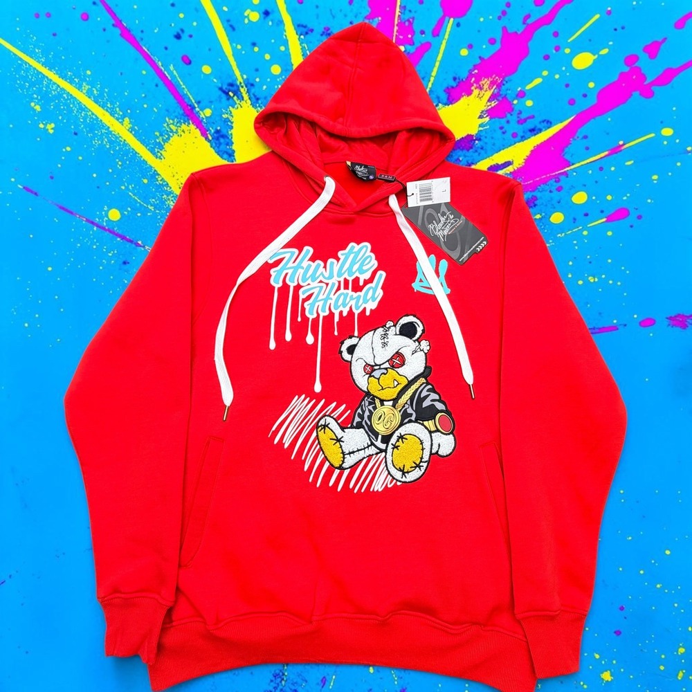 Bleeker & Mercer Mens Hustle Hard Hoodie Size Large Red Chenille Bear Patch NEW